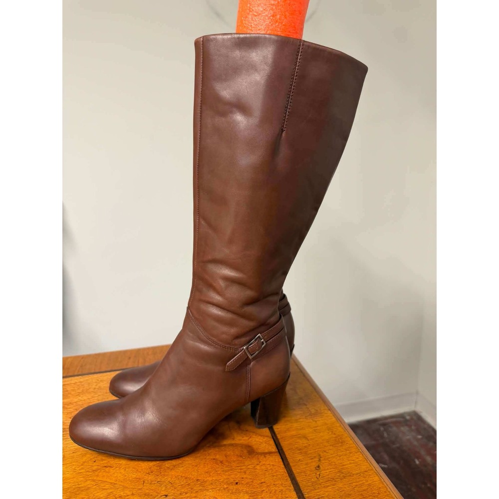 Vtg Naturalizer Womens 8.5 Brown Leather Knee High Boots Block Heel Buckle Strap
